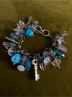 Y2K Blue Floral Glass Bead, Lock & Key Crystal Silver Tone Charm Bracelet